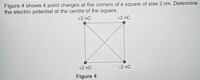 Figure 4 shows 4 point charges at the corners of a square of side 2 cm. Determine 
the electric potential at the centre of the square. 
Figure 4