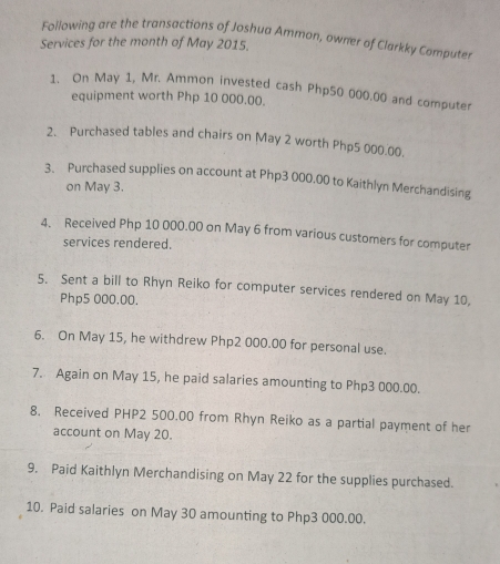 Following are the transactions of Joshua Ammon, owner of Clarkky Computer 
Services for the month of May 2015. 
1. On May 1, Mr. Ammon invested cash Php50 000.00 and computer 
equipment worth Php 10 000.00. 
2. Purchased tables and chairs on May 2 worth Php5 000.00. 
3. Purchased supplies on account at Php3 000.00 to Kaithlyn Merchandising 
on May 3. 
4. Received Php 10 000.00 on May 6 from various customers for computer 
services rendered. 
5. Sent a bill to Rhyn Reiko for computer services rendered on May 10,
Php5 000.00. 
6. On May 15, he withdrew Php2 000.00 for personal use. 
7. Again on May 15, he paid salaries amounting to Php3 000.00. 
8. Received PHP2 500.00 from Rhyn Reiko as a partial payment of her 
account on May 20. 
9. Paid Kaithlyn Merchandising on May 22 for the supplies purchased. 
10. Paid salaries on May 30 amounting to Php3 000.00.