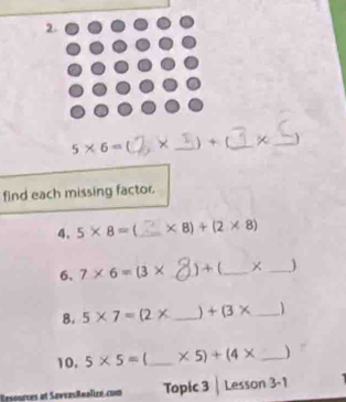 5* 6= _×_  + (_ _) 
find each missing factor. 
4. 5* 8= _  * 8)+(2* 8)
6. 7* 6=(3* _ ) + (_  _ )
8. 5* 7=(2* _  +(3* _ )
10. 5* 5= _  * 5)+(4* _ 
Resources at SaveasRealize.com Topic 3 | Lesson 3-1