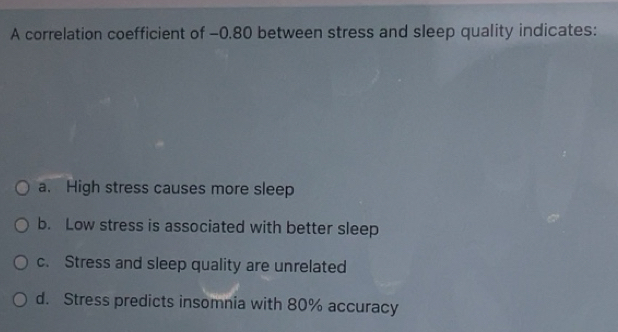 Solved: A correlation coefficient of −0.80 between stress and sleep ...