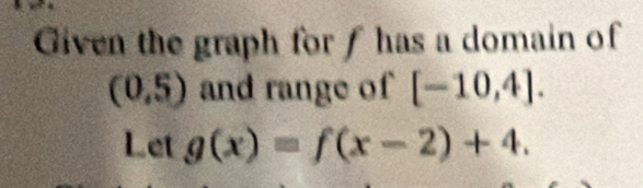 Given the graph for f has a domain of
(0,5) and range of [-10,4]. 
Let g(x)=f(x-2)+4.