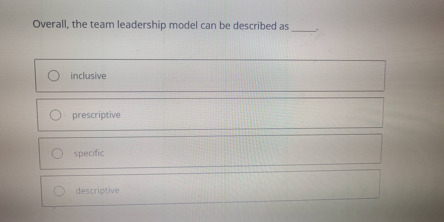 Overall, the team leadership model can be described as_
inclusive
prescriptive
specific
descriptive