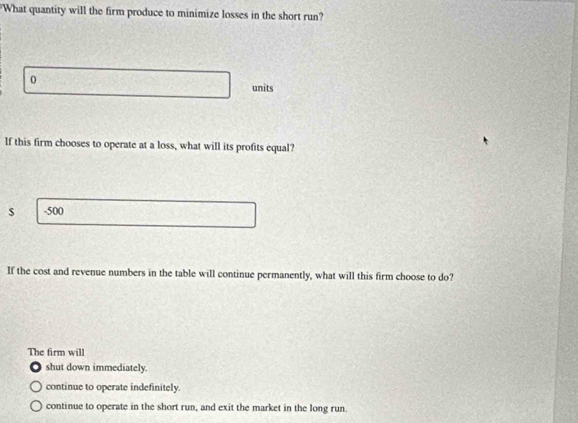 What quantity will the firm produce to minimize losses in the short run?
0
units
lf this firm chooses to operate at a loss, what will its profits equal?
s -500
If the cost and revenue numbers in the table will continue permanently, what will this firm choose to do?
The firm will
shut down immediately.
continue to operate indefinitely
continue to operate in the short run, and exit the market in the long run.