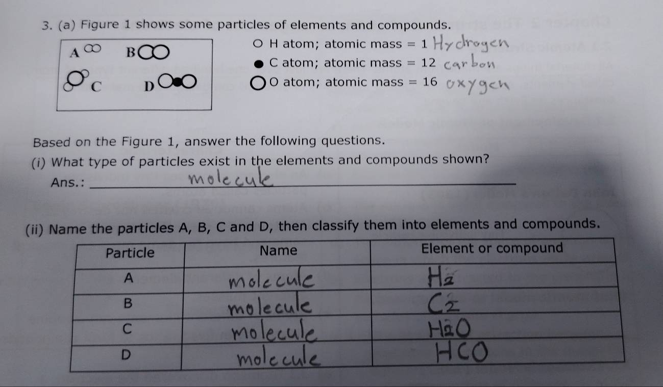 Figure 1 shows some particles of elements and compounds.
H atom; atomic mass =1
A B
C atom; atomic mass =12
C D
O atom; atomic mass =16
Based on the Figure 1, answer the following questions.
(i) What type of particles exist in the elements and compounds shown?
Ans.:_
(ii) Name the particles A, B, C and D, then classify them into elements and compounds.