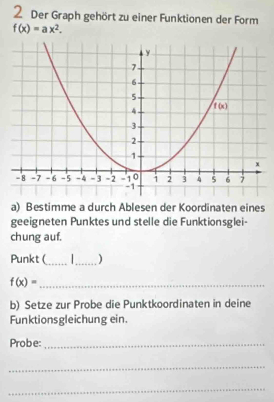 Der Graph gehört zu einer Funktionen der Form
f(x)=ax^2.
a) Bestimme a durch Ablesen der Koordinaten eines
geeigneten Punktes und stelle die Funktionsglei-
chung auf.
Punkt (_ _)
_ f(x)=
b) Setze zur Probe die Punktkoordinaten in deine
Funktionsgleichung ein.
Probe:_
_
_