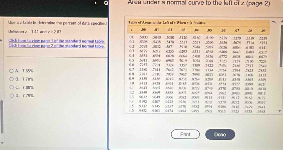 Area under a normal curve to the left of z (page 2)
Use a z -table to determine the percent of data specified
Between z=1.41 and z=2.83
Click here to view page 1 of the standard normal table
Click here to view page 2 of the standard normal table
A. 7.85%
B. 7 70%
C. 7.80%
D. 7 79%
Print Done