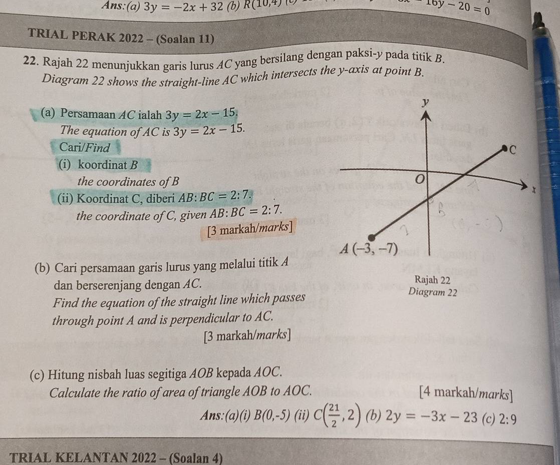 Ans:(a) 3y=-2x+32 (b) R(10,4)( -16y-20=0
TRIAL PERAK 2022 - (Soalan 11)
22. Rajah 22 menunjukkan garis lurus AC yang bersilang dengan paksi-y pada titik B.
Diagram 22 shows the straight-line AC which intersects the y-axis at point B.
(a) Persamaan AC ialah 3y=2x-15.
The equation of AC is 3y=2x-15.
Cari/Find 
(i) koordinat B
the coordinates of B
(ii) Koordinat C, diberi AB: BC=2:7.
the coordinate of C, given AB:BC=2:7.
[3 markah/marks]
(b) Cari persamaan garis lurus yang melalui titik A
Rajah 22
dan berserenjang dengan AC. Diagram 22
Find the equation of the straight line which passes
through point A and is perpendicular to AC.
[3 markah/marks]
(c) Hitung nisbah luas segitiga AOB kepada AOC.
Calculate the ratio of area of triangle AOB to AOC. [4 markah/marks]
Ans:(a)(i) B(0,-5) (ii) C( 21/2 ,2) (b) 2y=-3x-23 (c) 2:9
TRIAL KELANTAN 2022 - (Soalan 4)