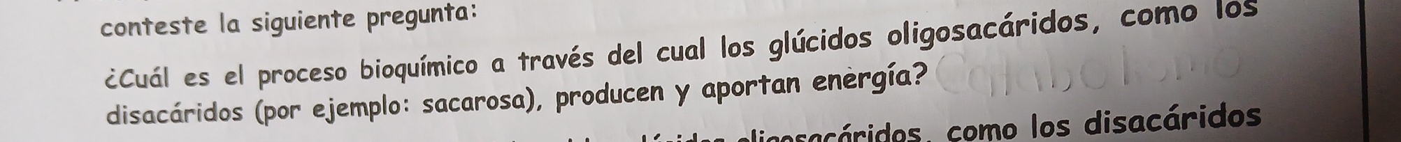 conteste la siguiente pregunta: 
¿Cuál es el proceso bioquímico a través del cual los glúcidos oligosacáridos, como los 
disacáridos (por ejemplo: sacarosa), producen y aportan energía? 
nocacáridos, como los disacáridos