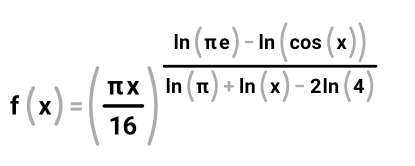 f(x)=( π x/16 )^frac ln (π e)-ln (cos (x)) ln (π )+ln (x)-2ln (4)