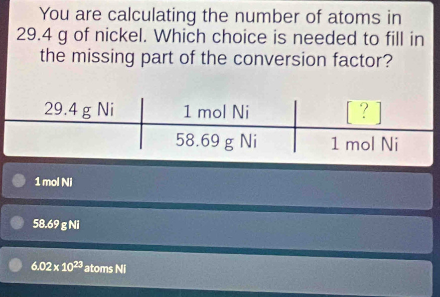 You are calculating the number of atoms in
29.4 g of nickel. Which choice is needed to fill in
the missing part of the conversion factor?
1 mol Ni
58.69 g Ni
6.02* 10^(23) atoms Ni