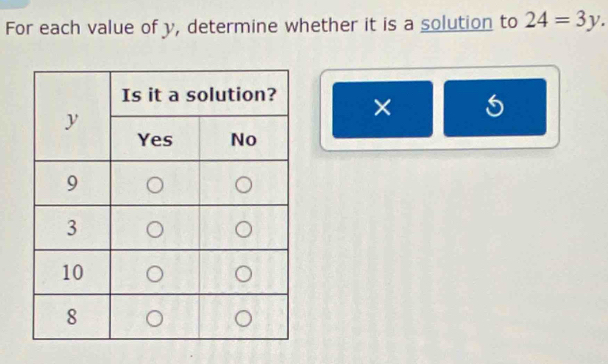 For each value of y, determine whether it is a solution to 24=3y. 
×