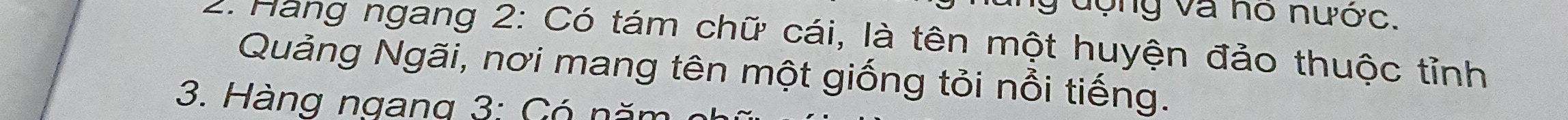 ý động và ho nước. 
2. Hang ngang 2: Có tám chữ cái, là tên một huyện đảo thuộc tỉnh 
Quảng Ngãi, nơi mang tên một giống tỏi nổi tiếng. 
3. Hàng ngang 3: Có năm