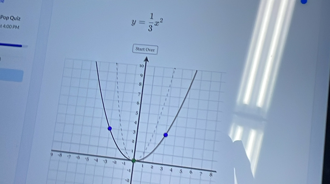 Pop Quiz 
t 4:00 PM
y= 1/3 x^2
Start Over 
-