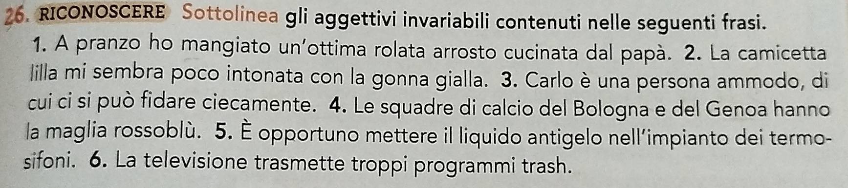 RICONOSCERE Sottolinea gli aggettivi invariabili contenuti nelle seguenti frasi. 
1. A pranzo ho mangiato un'ottima rolata arrosto cucinata dal papà. 2. La camicetta 
lilla mi sembra poco intonata con la gonna gialla. 3. Carlo è una persona ammodo, di 
cui ci si può fidare ciecamente. 4. Le squadre di calcio del Bologna e del Genoa hanno 
la maglia rossoblù. 5. É opportuno mettere il liquido antigelo nell'impianto dei termo- 
sifoni. 6. La televisione trasmette troppi programmi trash.