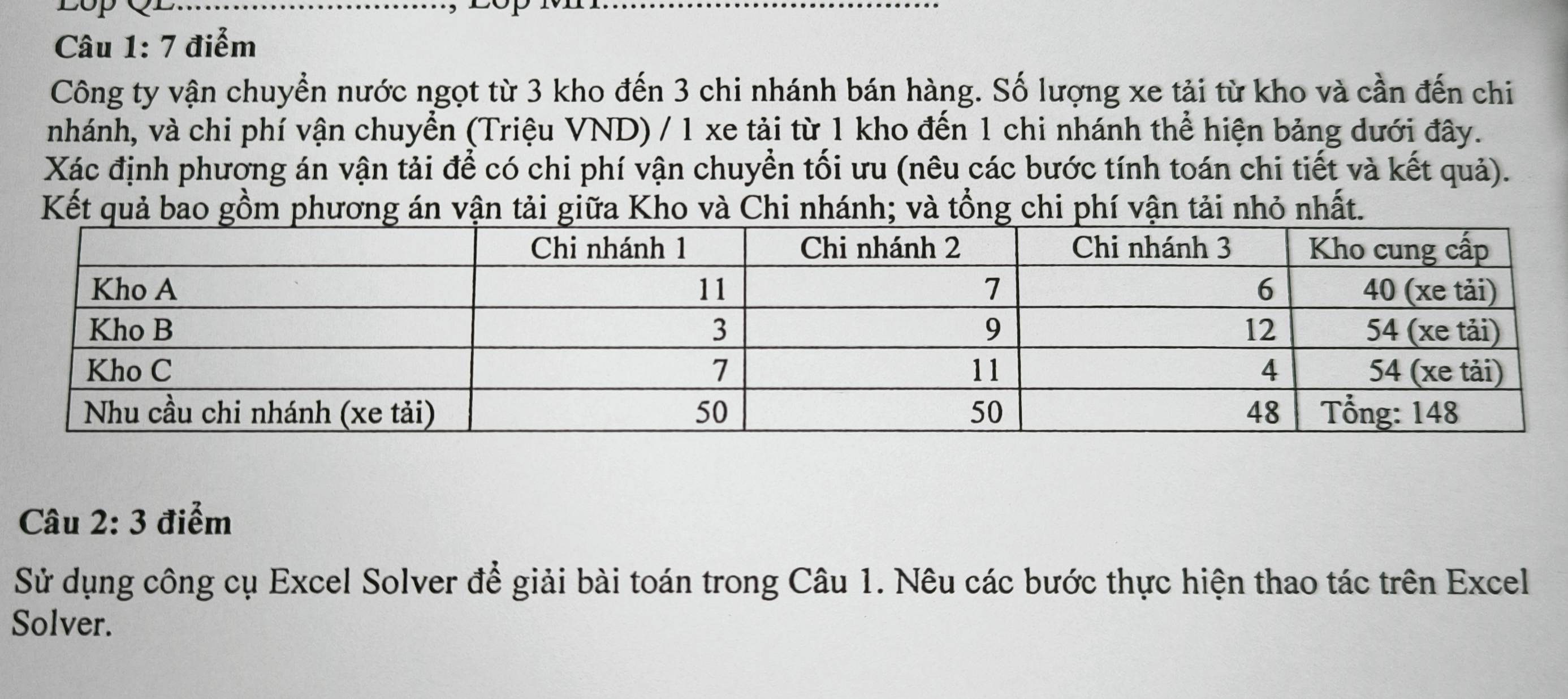 Lop 
Câu 1: 7 điểm 
Công ty vận chuyển nước ngọt từ 3 kho đến 3 chi nhánh bán hàng. Số lượng xe tải từ kho và cần đến chi 
nhánh, và chi phí vận chuyển (Triệu VND) / 1 xe tải từ 1 kho đến 1 chi nhánh thể hiện bảng dưới đây. 
Xác định phương án vận tải để có chi phí vận chuyển tối ưu (nêu các bước tính toán chi tiết và kết quả). 
Kết quả bao gồm phương án vận tải giữa Kho và Chi nhánh; và tổng chi phí vận tải nhỏ nhất. 
Câu 2:3 điểm 
Sử dụng công cụ Excel Solver để giải bài toán trong Câu 1. Nêu các bước thực hiện thao tác trên Excel 
Solver.