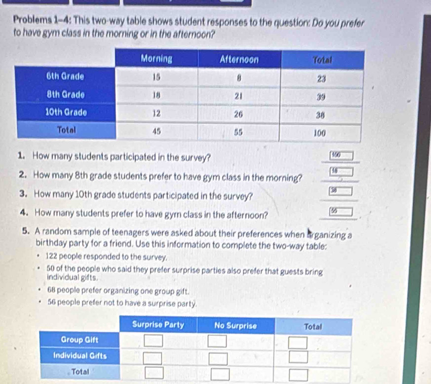 Problems 1-4: This two-way table shows student responses to the question: Do you prefer
to have gym class in the morning or in the afternoon?
1. How many students participated in the survey? _ [60]
L
18
2. How many 8th grade students prefer to have gym class in the morning? □
30
3. How many 10th grade students participated in the survey?
4. How many students prefer to have gym class in the afternoon?
56
5. A random sample of teenagers were asked about their preferences when arganizing a
birthday party for a friend. Use this information to complete the two-way table:
122 people responded to the survey.
50 of the people who said they prefer surprise parties also prefer that guests bring
individual gifts.
68 people prefer organizing one group gift.
56 people prefer not to have a surprise party.