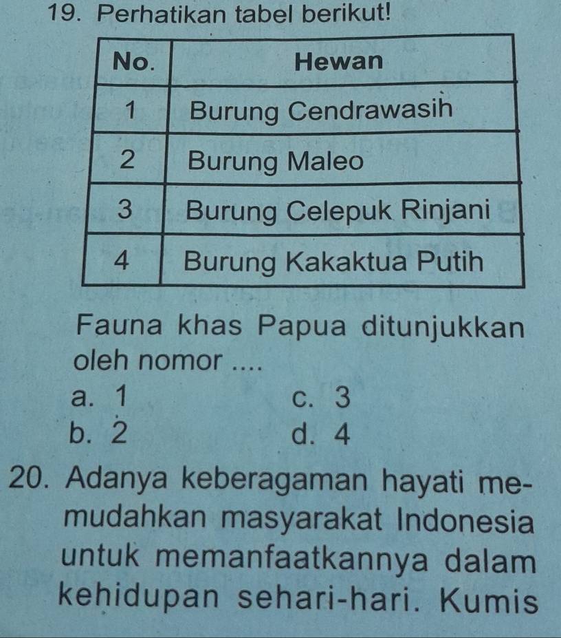 Perhatikan tabel berikut!
Fauna khas Papua ditunjukkan
oleh nomor ....
a. 1 c. 3
b. 2 d. 4
20. Adanya keberagaman hayati me-
mudahkan masyarakat Indonesia
untuk memanfaatkannya dalam
kehidupan sehari-hari. Kumis