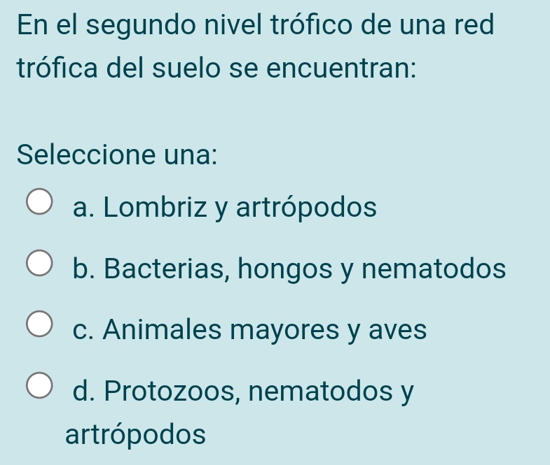 En el segundo nivel trófico de una red
trófica del suelo se encuentran:
Seleccione una:
a. Lombriz y artrópodos
b. Bacterias, hongos y nematodos
c. Animales mayores y aves
d. Protozoos, nematodos y
artrópodos