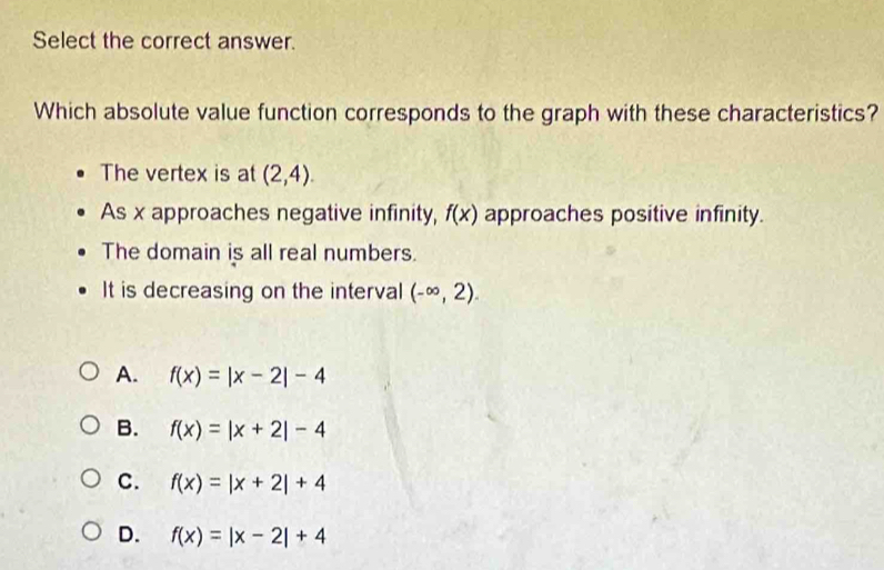 Select the correct answer.
Which absolute value function corresponds to the graph with these characteristics?
The vertex is at (2,4). 
As x approaches negative infinity, f(x) approaches positive infinity.
The domain is all real numbers.
It is decreasing on the interval (-∈fty ,2).
A. f(x)=|x-2|-4
B. f(x)=|x+2|-4
C. f(x)=|x+2|+4
D. f(x)=|x-2|+4