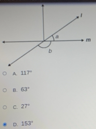 A. 117°
B. 63°
C. 27°
D. 153°