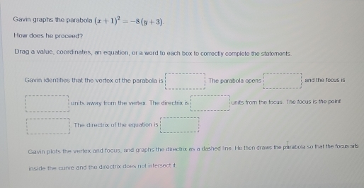 Gavin graphs the parabola (x+1)^2=-8(y+3). 
How does he proceed?
Drag a value, coordinates, an equation, or a word to each box to correctly complete the statements.
Gavin identifies that the vertex of the parabola is The parabola opens and the focus is
units away from the vertex. The directrix is° □  units from the focus. The focus is the paint
The directrix of the equation is
Gavin plots the vertex and focus, and graphs the directox as a dashed line. He then draws the parabola so that the focus sits
inside the curve and the directrix does not intersect it.