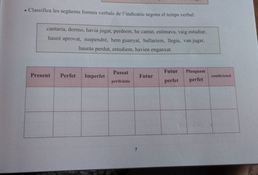 Classifica les següents formes verbals de l’indicatiu segons el temps verbal: 
cantaria, dormo, havia jugat, perdrem, he cantat, estimava, vaig estudiar, 
hauré aprovat, suspendré, hem guanyat, ballaríem, llegia, van jugar, 
hauràs perdut, estudiem, havien enganxat. 
7