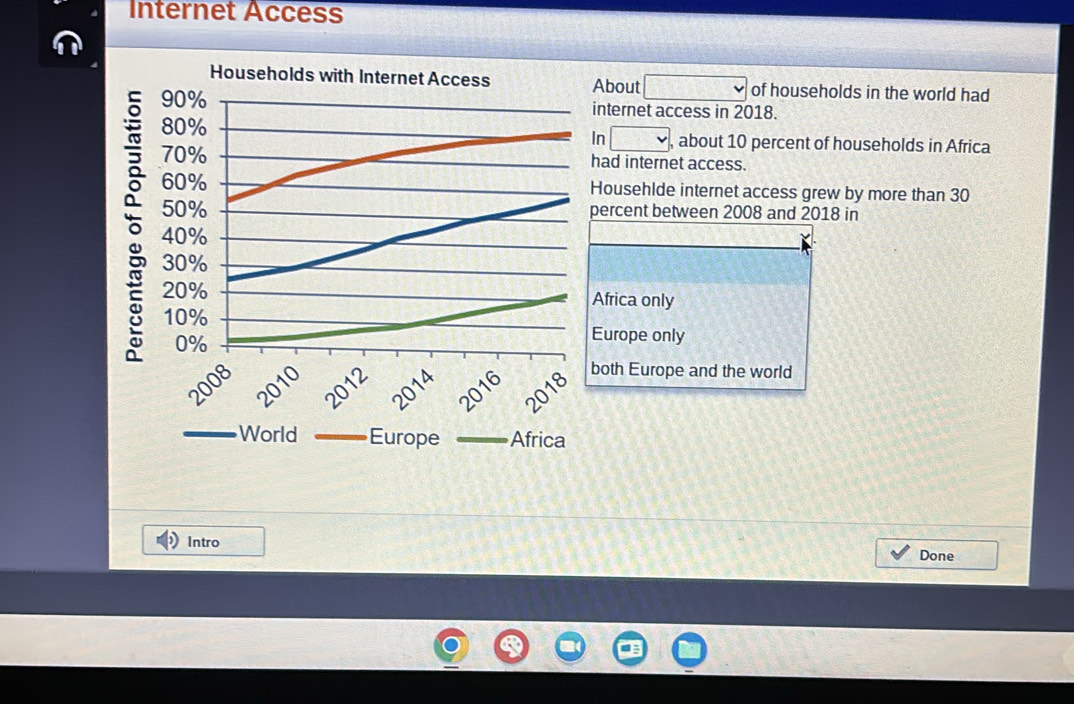 Internet Access
Households wiAbout □ of households in the world had
internet access in 2018.
n □ 
, about 10 percent of households in Africa
had internet access.
percent between 2008 and 2018 in
Househlde internet access grew by more than 30
Africa only
Europe only
both Europe and the world
World Europe Africa
Intro Done