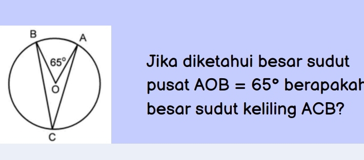 Jika diketahui besar sudut
pusat AOB=65° berapakah
besar sudut keliling ACB?