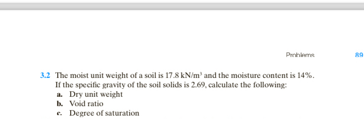 Solved: Problems 89 3.2 The moist unit weight of a soil is 17.8kN/m^3 ...