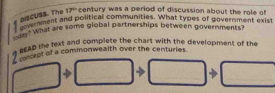 DISCUSS. The 17^(th) century was a period of discussion about the role of 
loday? What are some global partnerships between governments? government and political communities. What types of government exist 
READ the text and complete the chart with the development of the 
foncept of a commonwealth over the centuries.