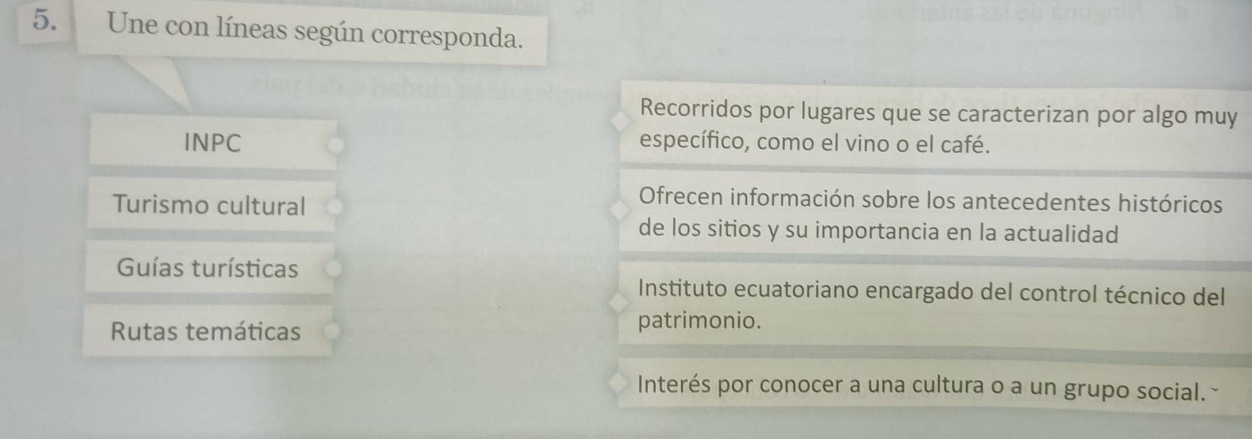 Une con líneas según corresponda. 
Recorridos por lugares que se caracterizan por algo muy 
INPC específico, como el vino o el café. 
Turismo cultural 
Ofrecen información sobre los antecedentes históricos 
de los sitios y su importancia en la actualidad 
Guías turísticas 
Instituto ecuatoriano encargado del control técnico del 
Rutas temáticas 
patrimonio. 
Interés por conocer a una cultura o a un grupo social.~