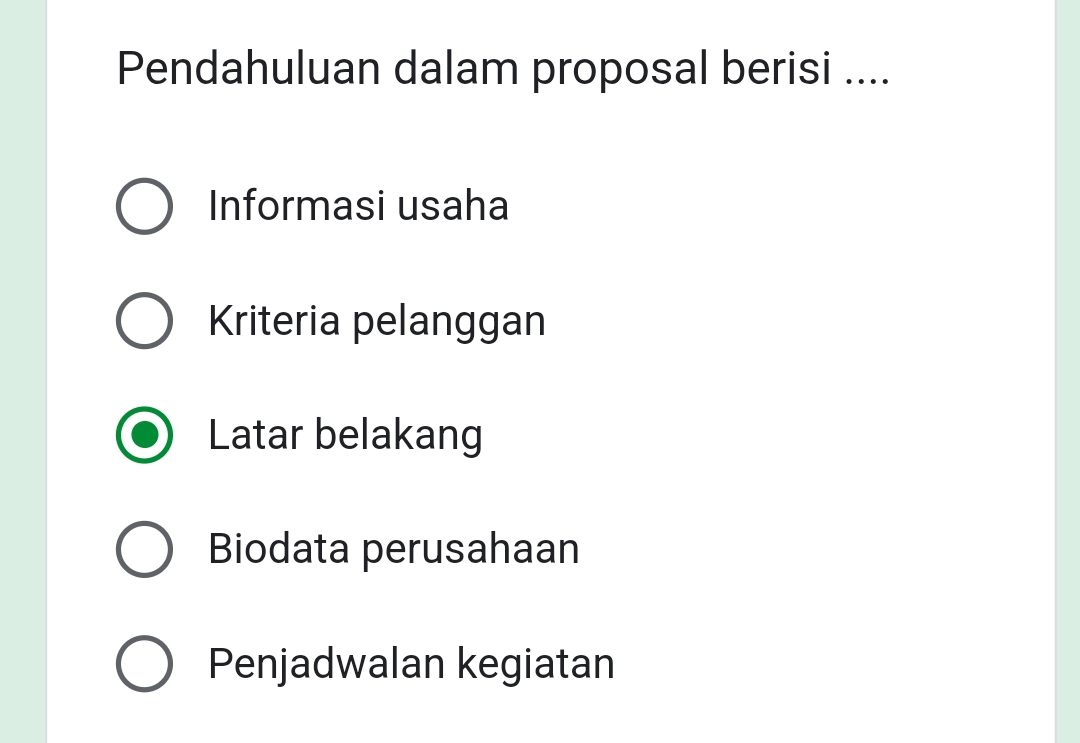 Pendahuluan dalam proposal berisi ....
Informasi usaha
Kriteria pelanggan
Latar belakang
Biodata perusahaan
Penjadwalan kegiatan