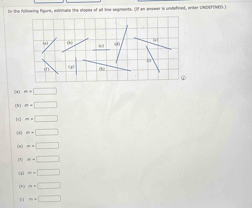 In the following figure, estimate the slopes of all line segments. (If an answer is undefined, enter UNDEFINED.) 
(a) m=□
(b) m=□
(c) m=□
(d) m=□
(e) m=□
(f) m=□
(g) m=□
(h) m=□
(1) m=□