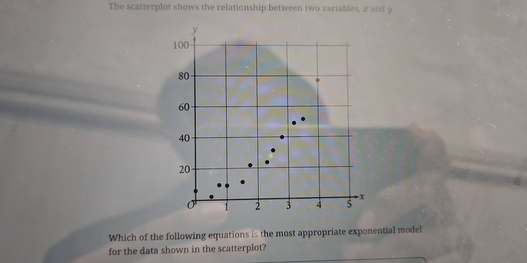 The scatterplot shows the relationship between two variables, x and y. 
Which of the following equations is the most appropriate exponential model 
for the data shown in the scatterplot?