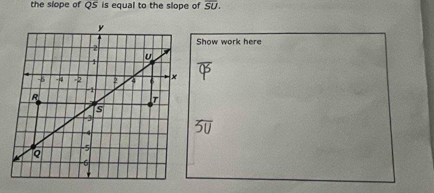 the slope of overline QS is equal to the slope of overline SU. 
Show work here