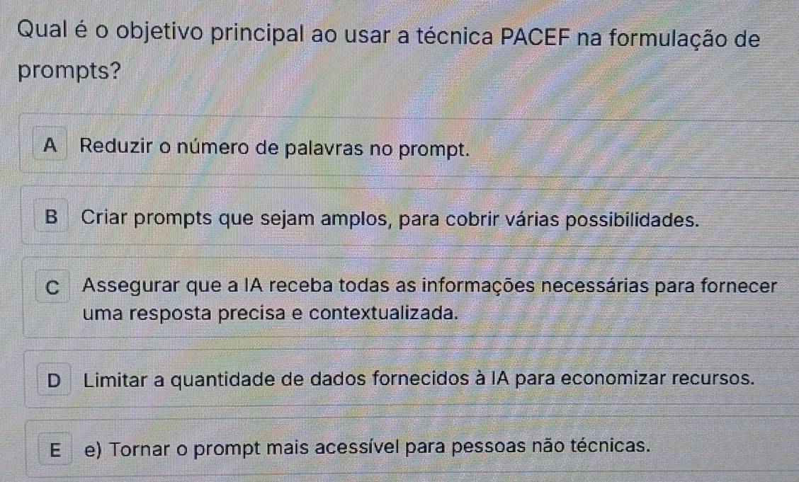 Resolvido:Qual é o objetivo principal ao usar a técnica PACEF na ...