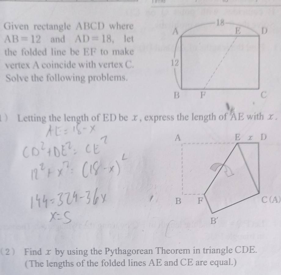 Solved: Given rectangle ABCD where AB=12 and AD=18 , let the folded ...