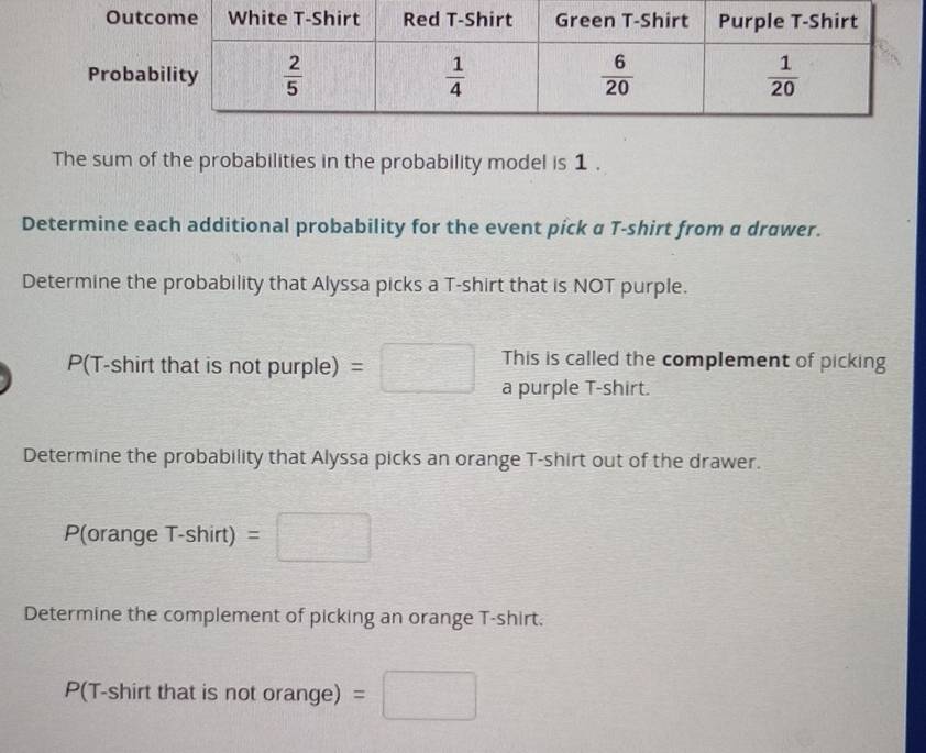 Pr
The sum of the probabilities in the probability model is 1 .
Determine each additional probability for the event pick α T-shirt from α drawer.
Determine the probability that Alyssa picks a T-shirt that is NOT purple.
This is called the complement of picking
P(T-shirt that is not purple) not =□ a purple T-shirt.
Determine the probability that Alyssa picks an orange T-shirt out of the drawer.
P(ora ange T-shirt) =□
Determine the complement of picking an orange T-shirt.
P(T-shirt that is not orange) =□