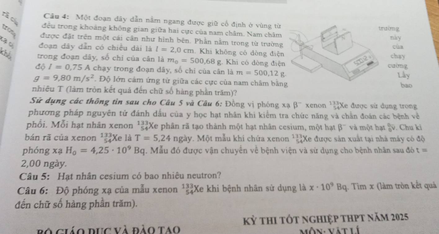 rà ch
Câu 4: Một đoạn dây dẫn nằm ngang được giữ cố định ở vùng từ
đều trong khoảng không gian giữa hai cực của nam châm. Nam châm trường
trom được đặt trên một cái cân như hình bên. Phần nằm trong từ trường
này
cùa
đoạn đây dẫn có chiều dài là l=2,0cm. Khi không có dòng điện
khảu trong đoạn dây, số chi của cân là m_0=500,68g.  Khi có dòng điện
500 12 chạy
cường
độ I=0,75 A chạy trong đoạn dây, số chi của cân là m=500,12g.
Lây
g=9,80m/s^2. Độ lớn cảm ứng từ giữa các cực của nam châm bằng
bao
nhiêu T (làm tròn kết quả đến chữ số hàng phần trăm)?
Sử dụng các thông tin sau cho Câu 5 và Câu 6: Đồng vị phóng : x_2 beta^- xenon beginarrayr 133 54endarray Xe được sử dụng trong
phương pháp nguyên tử đánh dấu của y học hạt nhân khi kiểm tra chức năng và chần đoán các bệnh về
phổi. Mỗi hạt nhân xenon _(54)^(133)X le phân rã tạo thành một hạt nhân cesium, một hạt beta^- và một hạt gv. Chu ki
bán rã của xenon^(133)_54X e là T=5,24 ngày. Một mẫu khí chứa xenon beginarrayr 133 54endarray Xe được sản xuất tại nhà máy có độ
phóng xạ H_0=4,25· 10^9Bq. Mẫu đó được vận chuyển về bệnh viện và sử dụng cho bệnh nhân sau đỏ t=
2,00 ngày.
Câu 5: Hạt nhân cesium có bao nhiêu neutron?
Câu 6: Độ phóng xạ của mẫu xenon beginarrayr 133 54endarray x le khi bệnh nhân sử dụng là x· 10^9Bq. Tìm x (làm tròn kết quả
đến chữ số hàng phần trăm).
kỷ thI tốt nghiệp thPt năm 2025
Bộ GiáO DUc Và đảo TAo Môn: Vật lí