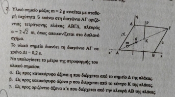 Υλικό σημείο μάζας m=2g κινείται με σταθε- 
ρή ταχότητα ψ ετάνωστη διαγώνιο ΑΓ οριζό- 
ντιας τετράηωνης πλάκας ΑΒΓΔ, πλευράς
a=2sqrt(2)m όπωνς απεικυνίζεται στο διιλανό 
σχήμα. 
Το υλικό σημείο διανόει τη διαγώνιο ΑΓ σε 
χρόνο △ t=0.2s. 
Να υκολογίσετε το μέτροατηςαστροφρορμκής του 
υλακοό σημείσυ: 
αΟςακροςακατακόρυκφοοα άξονα η πουα διέρχεταιααπό το σημείο δρτηςακλάκας
βΠςα κροςακατακόρυοκφο άξονα ρ που δυέρχεται από το κέντρο Κ τηςακλάκας
γδ Πςαπκροςοαοριξόντιο άξονα κόκ που διέρχεται απότην κλευρά ΑΒ της κλάκας