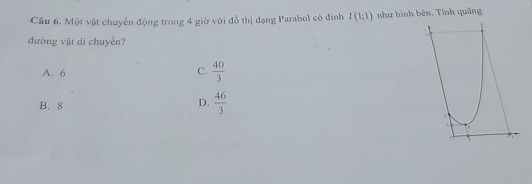 Một vật chuyển động trong 4 giờ với đồ thị dạng Parabol có đinh I(1;1) như hình bên. Tính quãng
đường vật di chuyển?
A. 6 C.  40/3 
B. 8
D.  46/3 