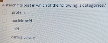 A starch fits best in which of the following is categories?
protein.
nucleic acid
lipid
carbohydrate