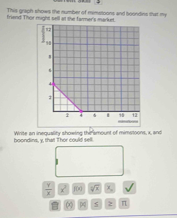 This graph shows the number of mimstoons and boondins that my 
friend Thor might sell at the farmer's market. 
Write an inequality showing the amount of mimstoons, x, and 
boondins, y, that Thor could sell.
 Y/X  x^2 f(x) sqrt[n](x) X_n
i x y π