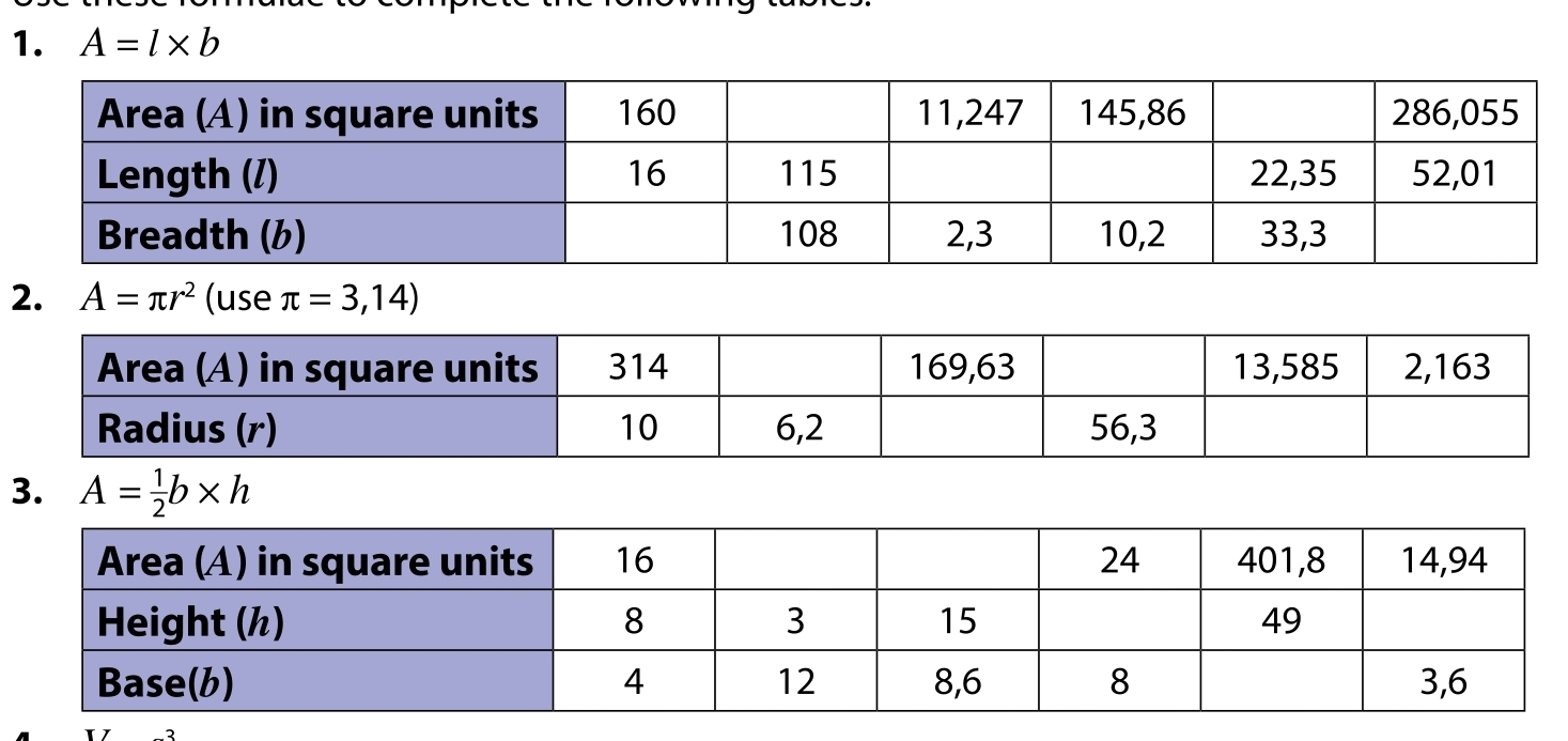A=l* b
2. A=π r^2 (use π =3,14)
3. A= 1/2 b* h
