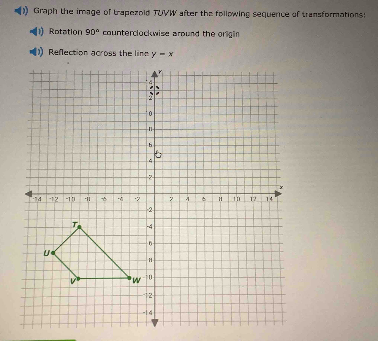 Graph the image of trapezoid TUVW after the following sequence of transformations:
Rotation 90° counterclockwise around the origin
Reflection across the line