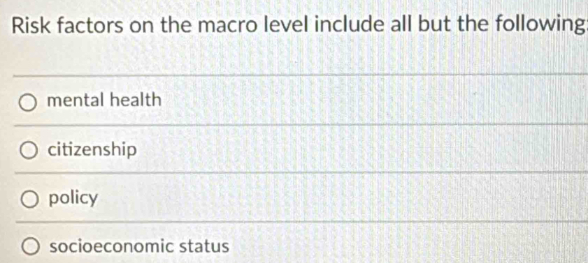 Solved: Risk factors on the macro level include all but the following ...