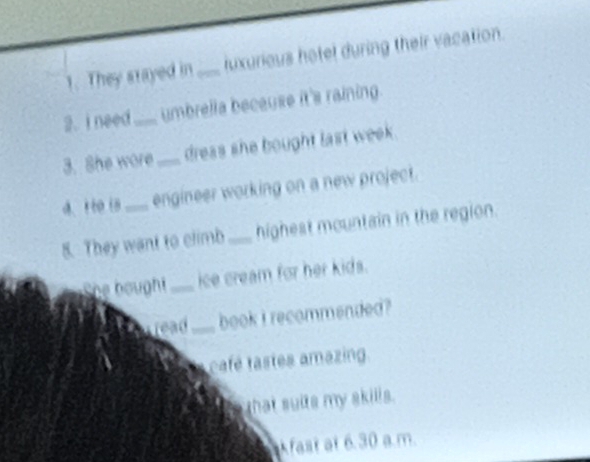 They stayed in_ luxurious hotel during their vacation. 
2. ineed_ umbrella because it's raining. 
3. She wore_ dress she bought last week. 
a. 1to is engineer working on a new project. 
5. They want to climb _highest mountain in the region. 
She houghi_ ice cream for her kids. 
read_ book i recommended? 
café tastes amazing 
that suits my skills. 
kfast at 6.30 a.m.