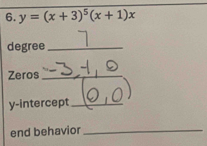 y=(x+3)^5(x+1)x
degree_ 
Zeros_ 
y-intercept_ 
end behavior_