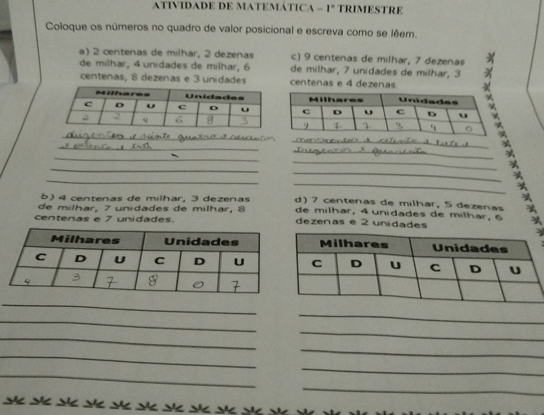 ATIVIDADE DE MATEMÁTICA - 1° TRIMESTRE
Coloque os números no quadro de valor posicional e escreva como se lêem.
a) 2 centenas de milhar, 2 dezenas c) 9 centenas de milhar, 7 dezenas
de milhar, 4unidades de milhar, 6 de milhar, 7 unidades de milhar, 3
centenas, 8 dezenas e 3 unidades centenas e 4 dezenas.
_
_
_
_
_
_
_
_
_
_
b) 4 centenas de milhar, 3 dezenas d) 7 centenas de milhar, 5 dezenas
de milhar, 7 unidades de milhar, 8 de milhar, 4 unidades de milhar, 6
centenas e 7 unidades.
dezenas e 2 unidades
_
_
_
_
_
_
_
_
_
_
S Î« Î« Î ½ à« à