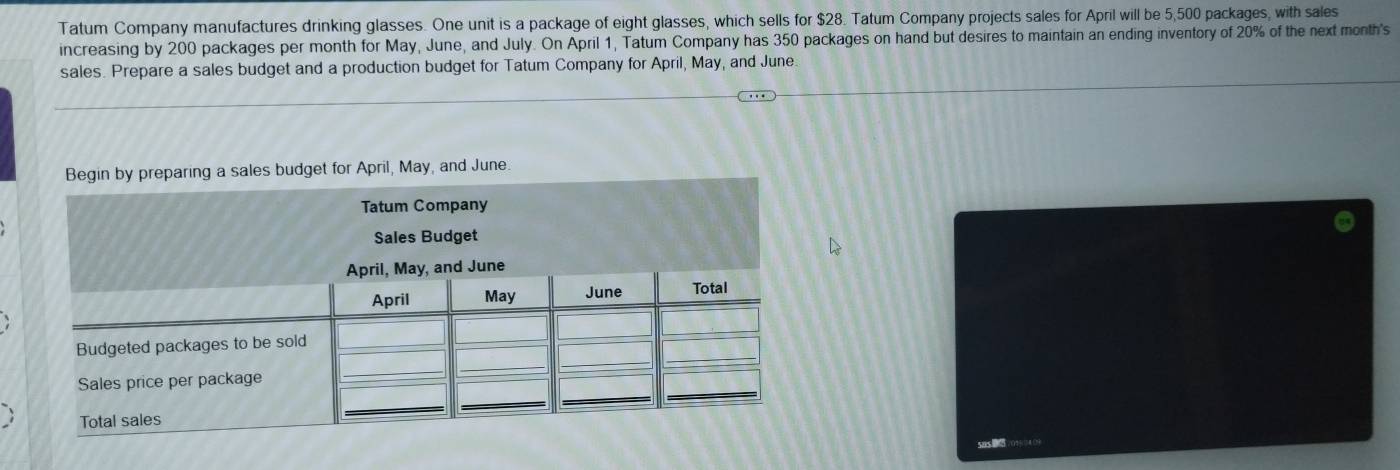 Tatum Company manufactures drinking glasses. One unit is a package of eight glasses, which sells for $28. Tatum Company projects sales for April will be 5,500 packages, with sales 
increasing by 200 packages per month for May, June, and July. On April 1, Tatum Company has 350 packages on hand but desires to maintain an ending inventory of 20% of the next month's 
sales. Prepare a sales budget and a production budget for Tatum Company for April, May, and June. 
udget for April, May, and June. 
ns 0 5